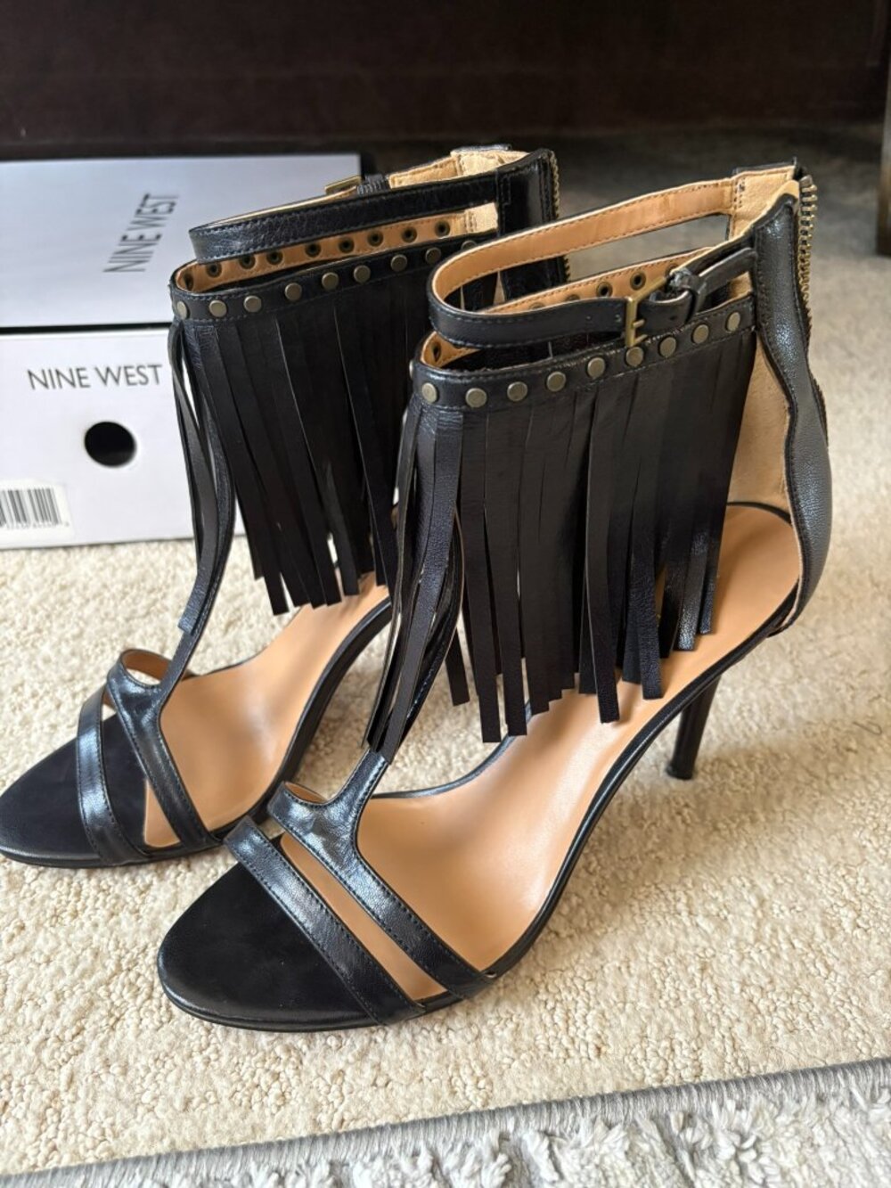 Nine West "Don’t Dare" Leather Fringe Western Studded Ankle Strap Heels Sz 9